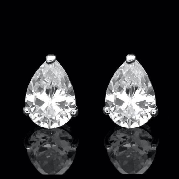 Real 14K Solid White Gold Pear Shaped Pushback Studs with White Stone 6x4mm - Picture 2 of 6